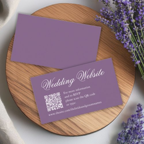 Dusty Purple QR Code White Script Wedding Website Enclosure Card