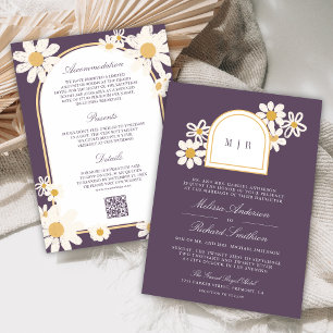 Dusty Purple Retro Yellow Daisy All in One Wedding Invitation