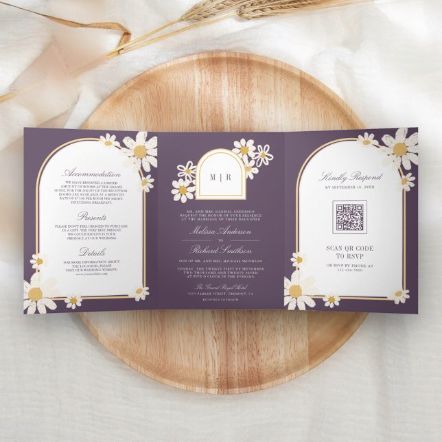 Dusty Purple Retro Yellow Daisy All in One Wedding Tri-Fold Invitation (Creator Uploaded)