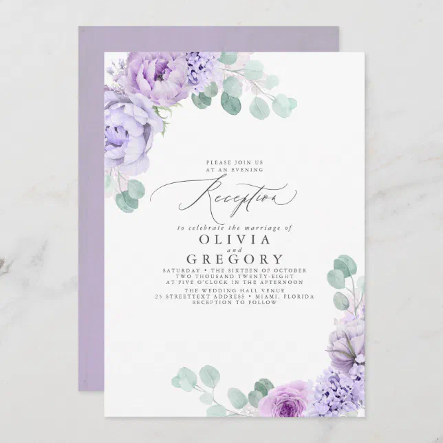 Dusty Purple Romantic Wedding Evening Reception Invitation | Zazzle