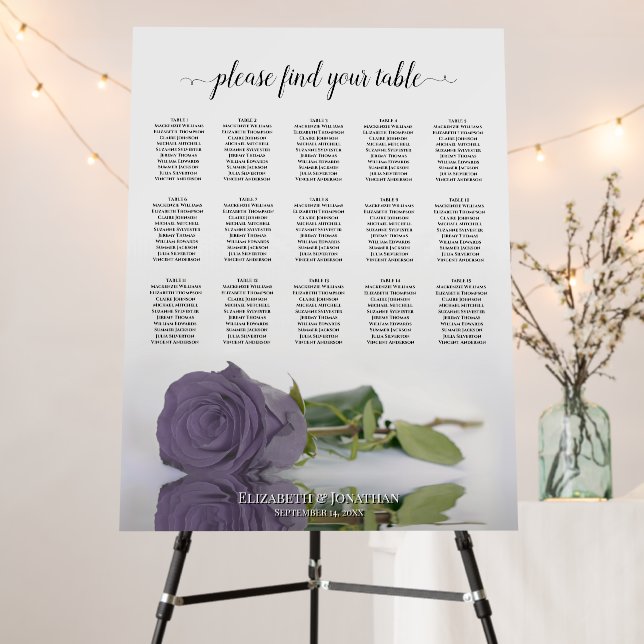 Dusty Purple Rose 15 Table Wedding Seating Chart Foam Board (In Situ (Stand))