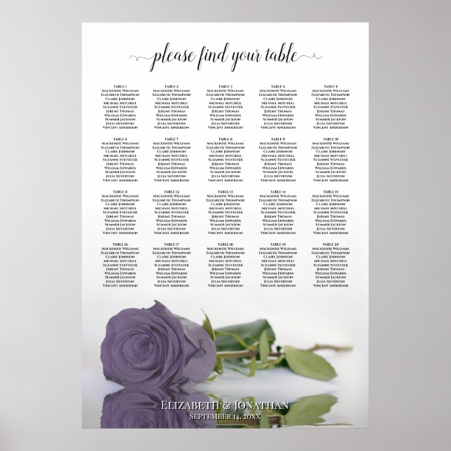 Dusty Purple Rose 20 Table Wedding Seating Chart (Front)