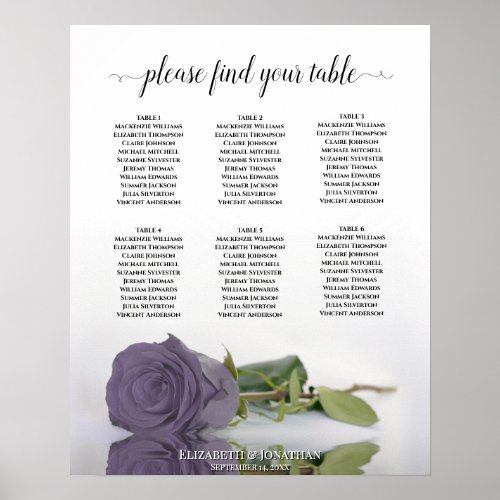 Dusty Purple Rose 6 Table Wedding Seating Chart