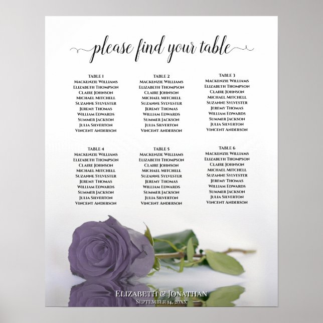 Dusty Purple Rose 6 Table Wedding Seating Chart (Front)