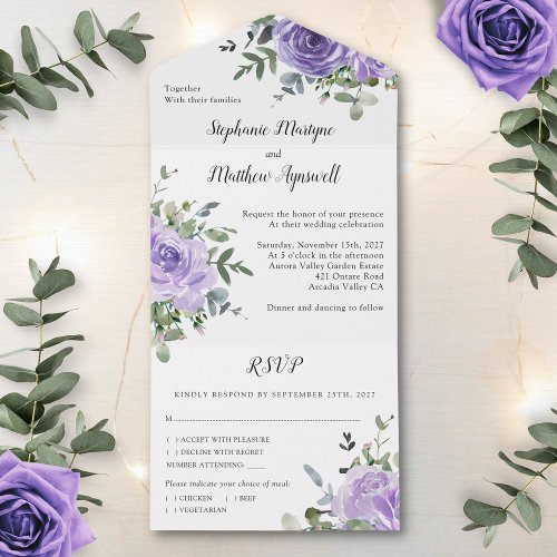 Dusty Purple Rose Eucalyptus Botanical Wedding All In One Invitation