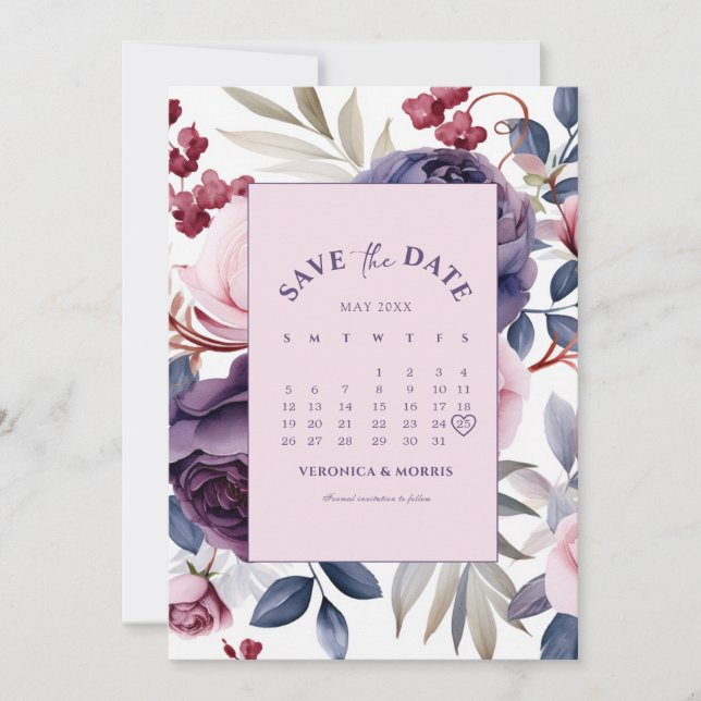 Dusty purple rose floral calendar wedding save the date (Front)