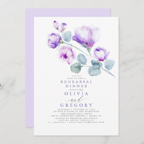 Dusty Purple Rose Floral Elegant Rehearsal Dinner Invitation