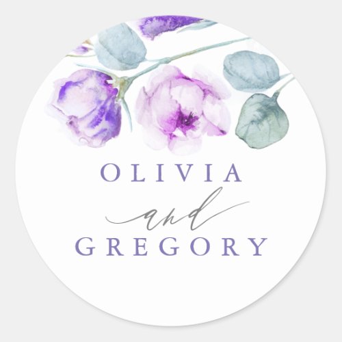 Dusty Purple Rose Floral Elegant Wedding Classic Round Sticker