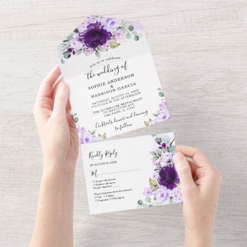 Dusty Purple Rose Lilac Flowers Rustic Wedding All All In One Invitation