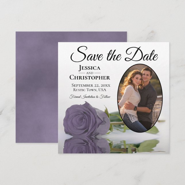 Dusty Purple Rose on White Oval Photo Chic Wedding Save The Date (Front/Back)