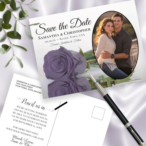 Dusty Purple Rose Oval Photo Wedding Save The Date Announcement Postcard