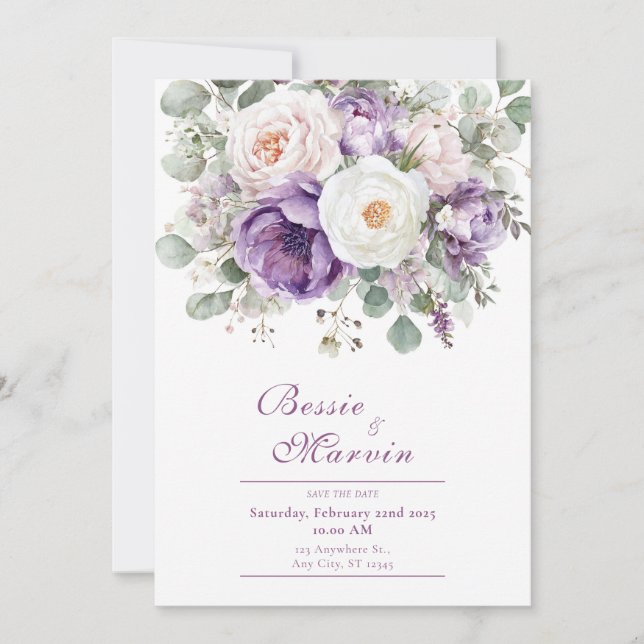 Dusty Purple Rose Peony Eucalyptus Watercolor Invitation (Front)