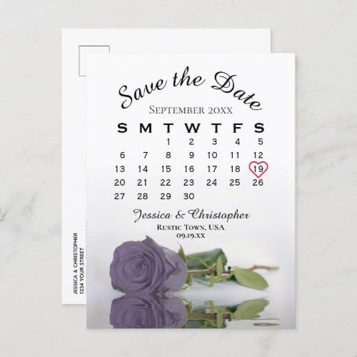 Dusty Purple Rose Wedding Calendar Save the Date Announcement Postcard