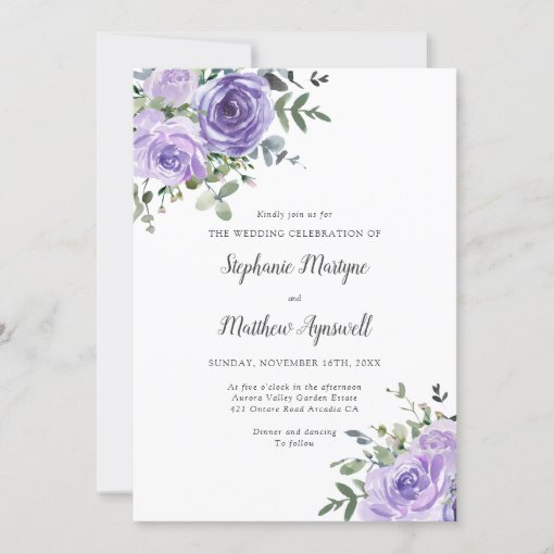 Dusty Purple Roses Botanical Wedding Invitation | Zazzle