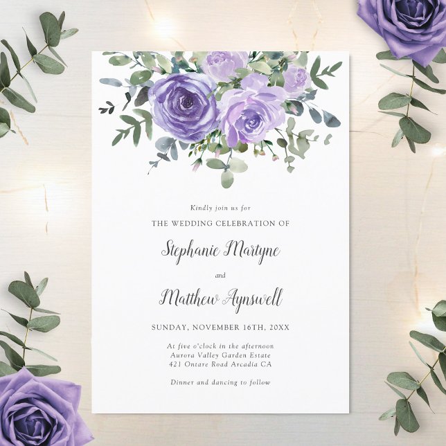 Dusty Purple Roses Eucalyptus Botanical Wedding Invitation (Creator Uploaded)