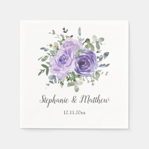 Dusty Purple Roses Eucalyptus Botanical Wedding Napkins