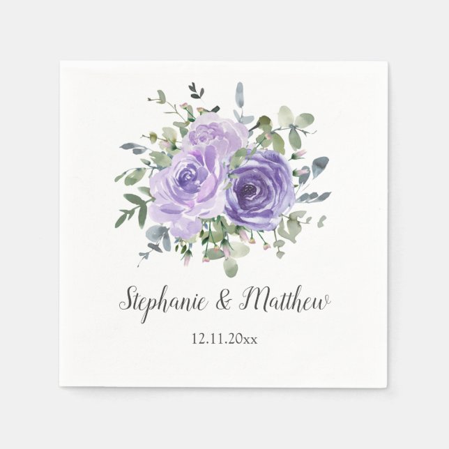 Dusty Purple Roses Eucalyptus Botanical Wedding Napkins (Front)