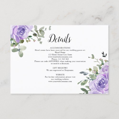 Dusty Purple Roses Eucalyptus Wedding Details Enclosure Card