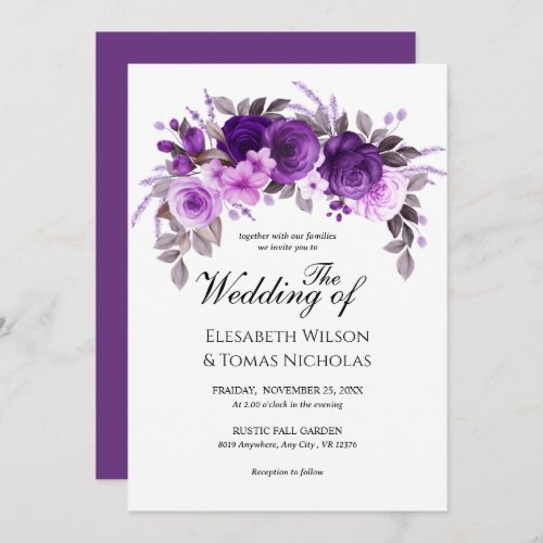 Dusty Purple Roses  Greenery silver Wedding  Invitation