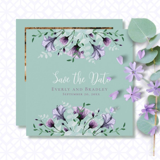 Dusty Purple Sage Green Botanical Save the Date Note Card (Creator Uploaded)