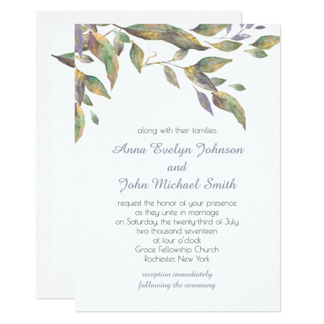Dusty Purple Sage Green Gold Leaves Wedding | Invitation