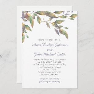 Dusty Purple Sage Green Gold Leaves Wedding Invitation