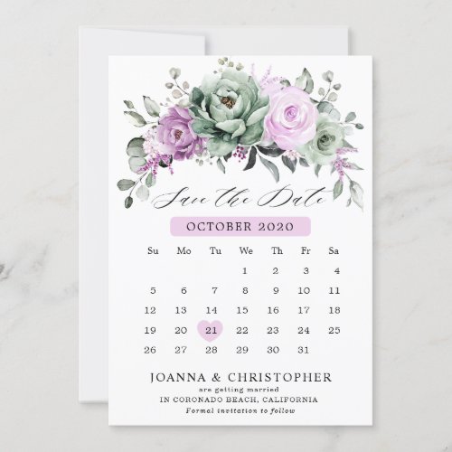 Dusty Purple Sage green  watercolor Floral Wedding Save The Date