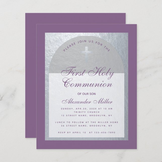Dusty Purple Silver Boy First Communion Invitation (Front/Back)
