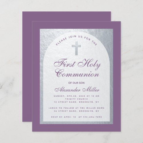 Dusty Purple Silver Boy First Communion Invitation