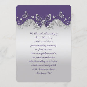 Dusty Purple Silver Butterflies Reception Only Invitation