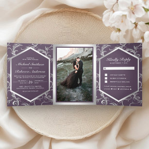 Dusty Purple Silver Flourish Swirl Wedding Photo Tri-Fold Invitation