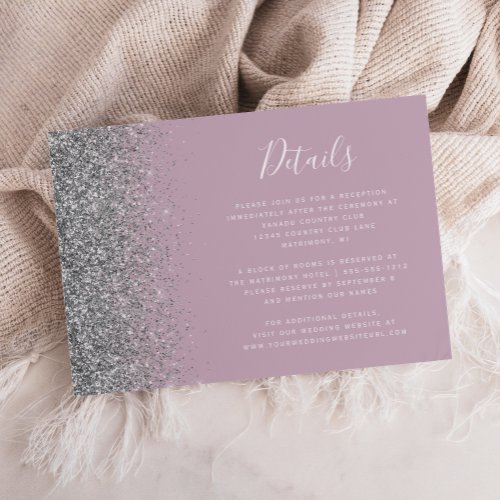 Dusty Purple Silver Glitter Edge Wedding Details Enclosure Card