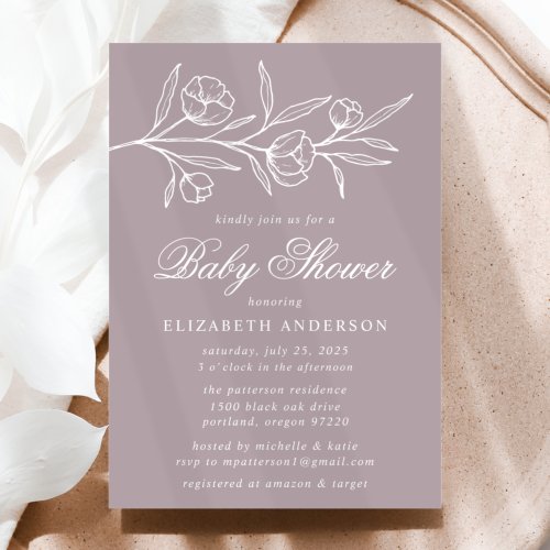 Dusty Purple Sketched Floral Baby Shower Invitation