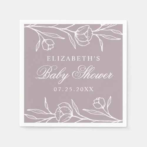 Dusty Purple Sketched Floral Baby Shower Napkins