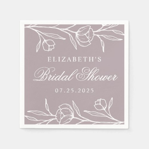 Dusty Purple Sketched Floral Bridal Shower Napkins