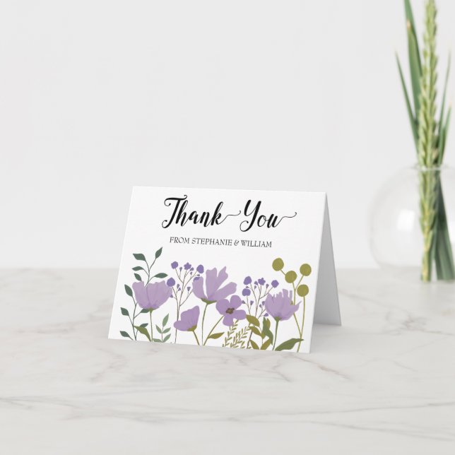 Dusty Purple Spring Floral Personalized Wedding Thank You Card (Front)