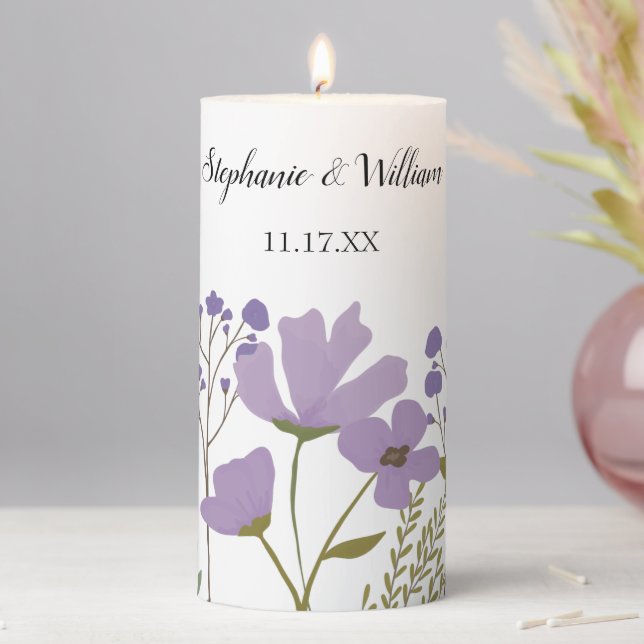 Dusty Purple Spring Floral Weddding Centerpiece Pillar Candle (In Situ)
