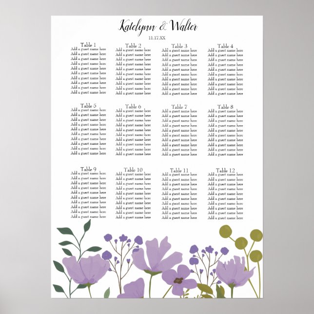 Dusty Purple Spring Floral Wedding Seating Chart (Front)