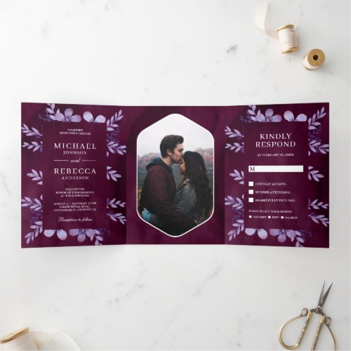 Dusty Purple Watercolor Floral Photo Plum Wedding Tri_Fold Invitation