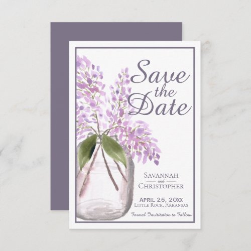 Dusty Purple Watercolor Jar of Lilacs Wedding Save The Date
