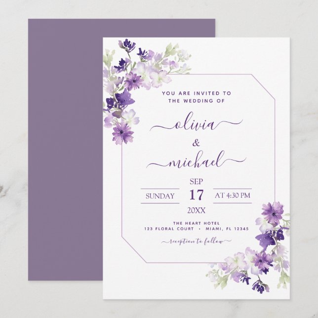 Dusty Purple Wedding Floral Greenery Invitation (Front/Back)