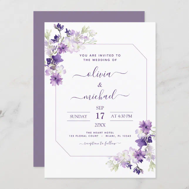 Dusty Purple Wedding Floral Greenery Invitation | Zazzle