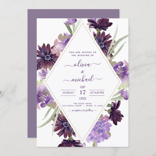 Dusty Purple Wedding Floral Greenery Invitation