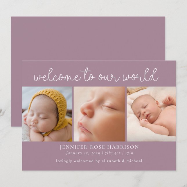 Dusty Purple Welcome Photo Collage Birth Announcement (Front/Back)