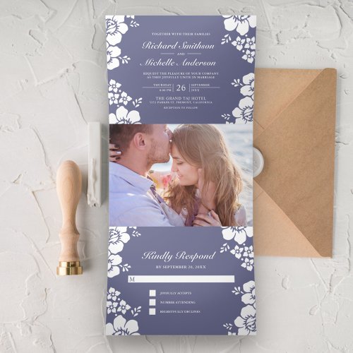 Dusty Purple White Floral All in One Photo Wedding Tri_Fold Invitation