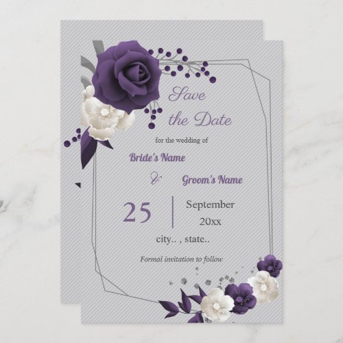 dusty purple white floral geometric save the date invitation