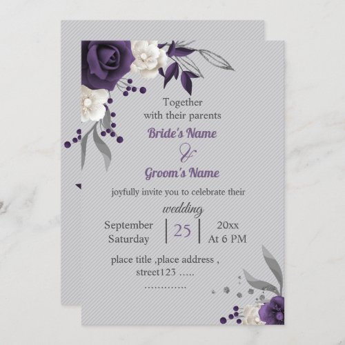 Dusty purple white floral gray wedding invitation