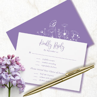 Dusty Purple White Floral Menu Wedding RSVP