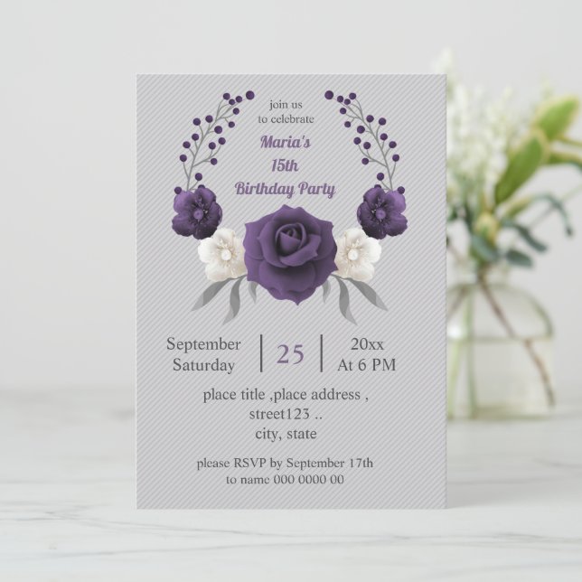 dusty purple & white floral wreath gray birthday invitation (Standing Front)