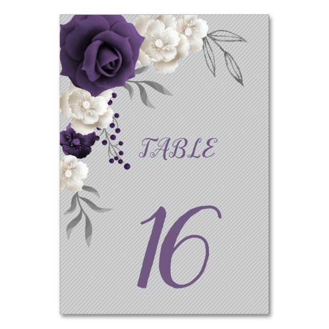 dusty purple white flowers botanical table number (Front)